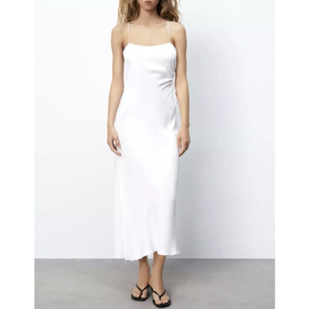 Zara Slip Midi Dress White Cut Out Drawstring Side